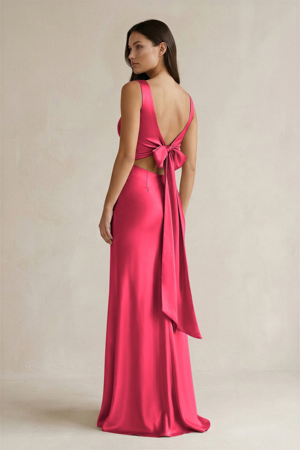 V - neck Sheath Satin Bridesmaid Dress With Back Bow in Fuchsia - KISS BRIDAL Bridesmaid Dresses