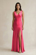 V - neck Sheath Satin Bridesmaid Dress With Back Bow in Fuchsia - KISS BRIDAL Bridesmaid Dresses