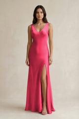V - neck Sheath Satin Bridesmaid Dress With Back Bow in Fuchsia - KISS BRIDAL Bridesmaid Dresses