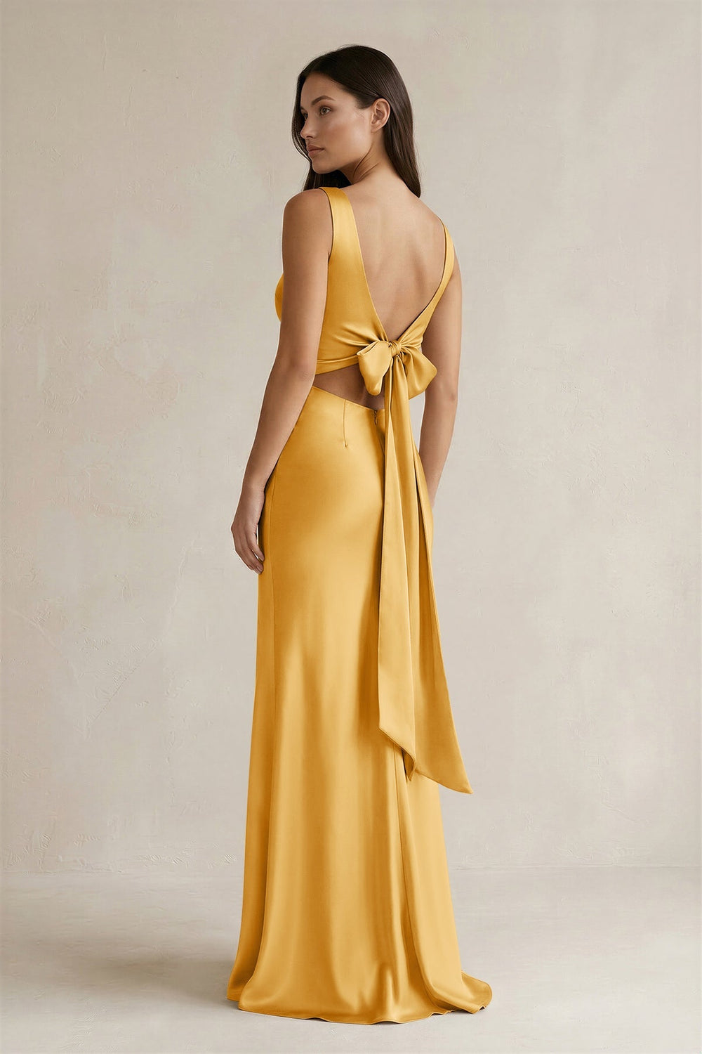 V - neck Sheath Satin Bridesmaid Dress With Back Bow in Gold - KISS BRIDAL Bridesmaid Dresses