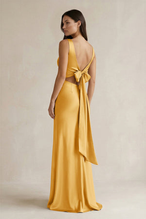 V - neck Sheath Satin Bridesmaid Dress With Back Bow in Gold - KISS BRIDAL Bridesmaid Dresses