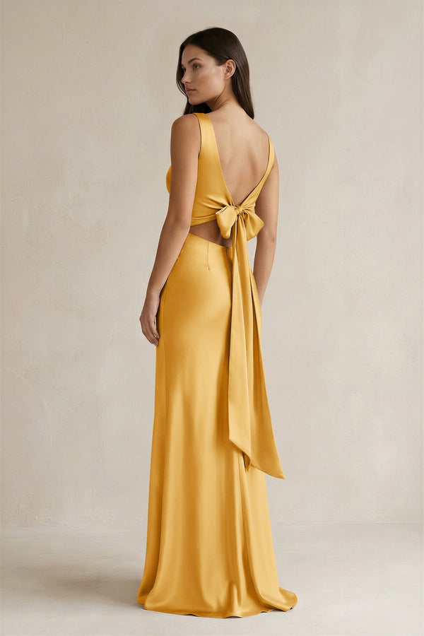 V - neck Sheath Satin Bridesmaid Dress With Back Bow in Gold - KISS BRIDAL Bridesmaid Dresses