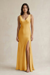 V - neck Sheath Satin Bridesmaid Dress With Back Bow in Gold - KISS BRIDAL Bridesmaid Dresses
