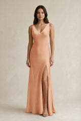 V - neck Sheath Satin Bridesmaid Dress With Back Bow in Golden Champagne - KISS BRIDAL Bridesmaid Dresses