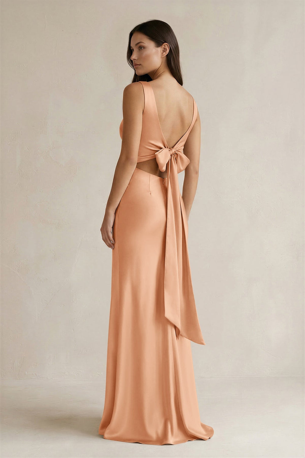 V - neck Sheath Satin Bridesmaid Dress With Back Bow in Golden Champagne - KISS BRIDAL Bridesmaid Dresses