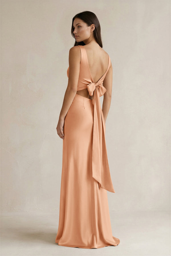 V - neck Sheath Satin Bridesmaid Dress With Back Bow in Golden Champagne - KISS BRIDAL Bridesmaid Dresses