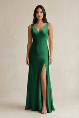 V - neck Sheath Satin Bridesmaid Dress With Back Bow in Green - KISS BRIDAL Bridesmaid Dresses