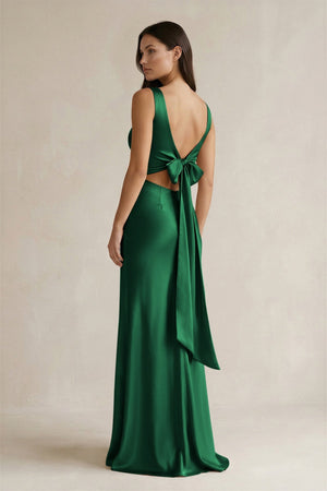 V - neck Sheath Satin Bridesmaid Dress With Back Bow in Green - KISS BRIDAL Bridesmaid Dresses