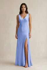 V - neck Sheath Satin Bridesmaid Dress With Back Bow in Ice - KISS BRIDAL Bridesmaid Dresses