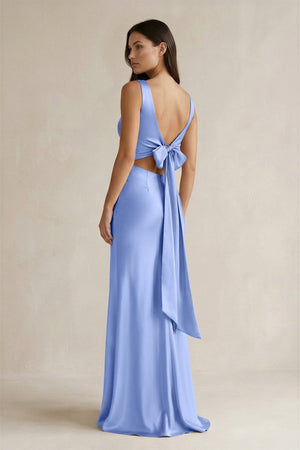 V - neck Sheath Satin Bridesmaid Dress With Back Bow in Ice - KISS BRIDAL Bridesmaid Dresses