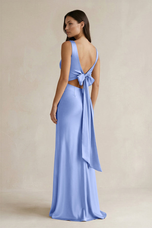 V - neck Sheath Satin Bridesmaid Dress With Back Bow in Ice - KISS BRIDAL Bridesmaid Dresses