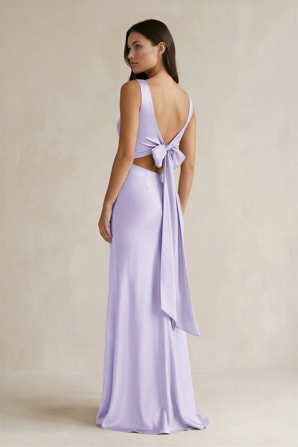 V - neck Sheath Satin Bridesmaid Dress With Back Bow in Lavender - KISS BRIDAL Bridesmaid Dresses