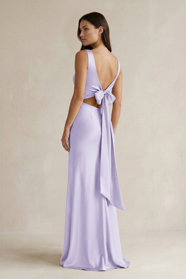 V - neck Sheath Satin Bridesmaid Dress With Back Bow in Lavender - KISS BRIDAL Bridesmaid Dresses