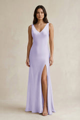 V - neck Sheath Satin Bridesmaid Dress With Back Bow in Lavender - KISS BRIDAL Bridesmaid Dresses