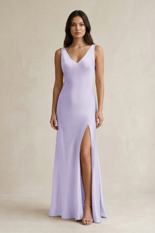 V - neck Sheath Satin Bridesmaid Dress With Back Bow in Lavender - KISS BRIDAL Bridesmaid Dresses