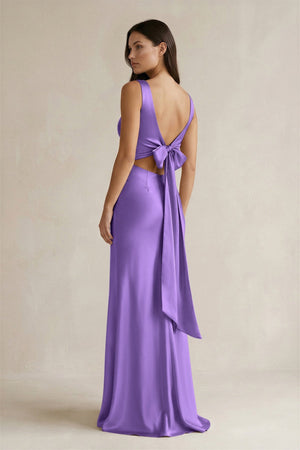 V - neck Sheath Satin Bridesmaid Dress With Back Bow in Lilac - KISS BRIDAL Bridesmaid Dresses