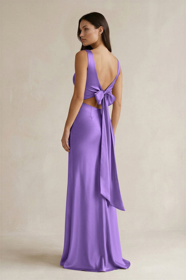 V - neck Sheath Satin Bridesmaid Dress With Back Bow in Lilac - KISS BRIDAL Bridesmaid Dresses