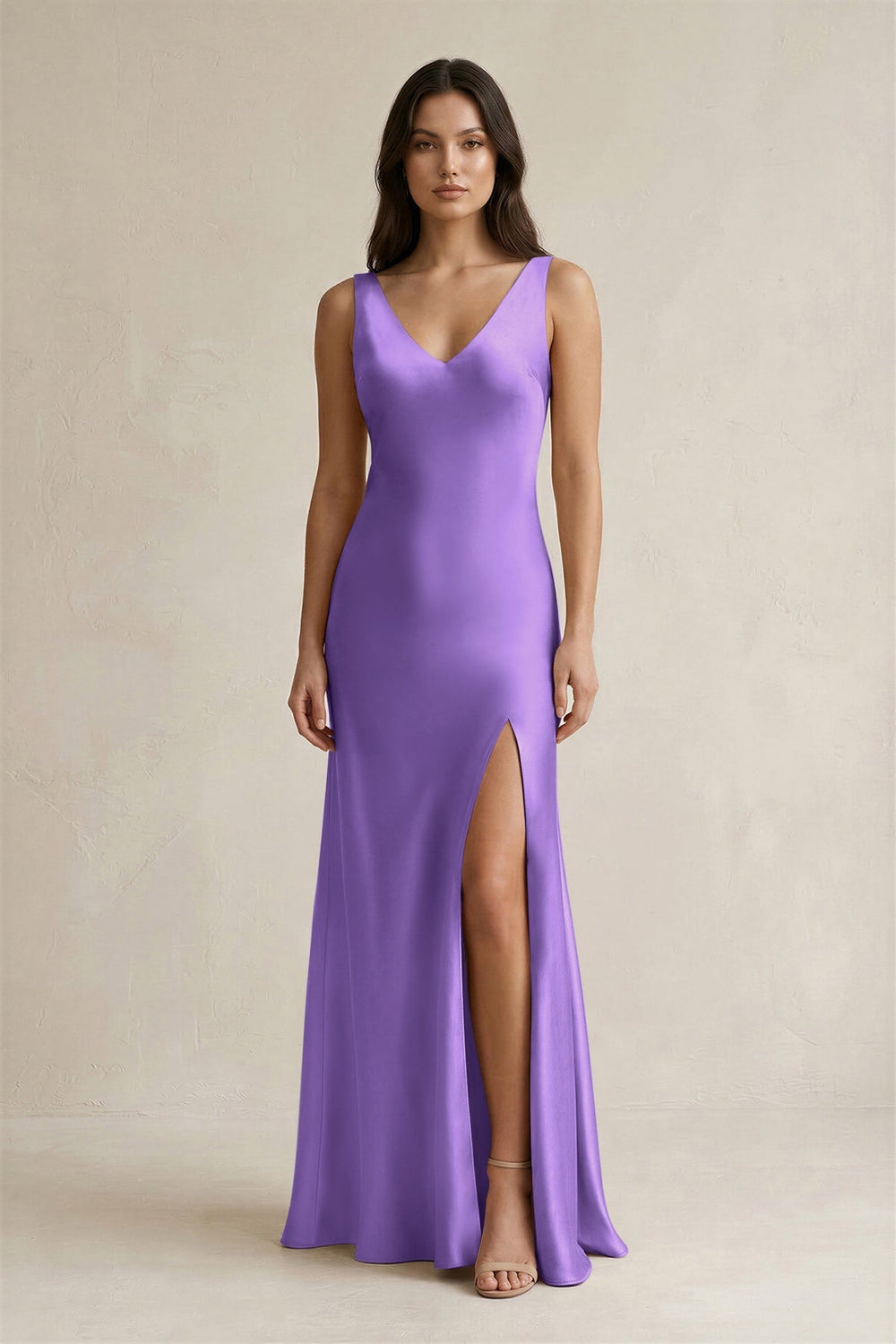 V - neck Sheath Satin Bridesmaid Dress With Back Bow in Lilac - KISS BRIDAL Bridesmaid Dresses