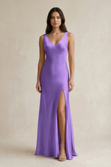 V - neck Sheath Satin Bridesmaid Dress With Back Bow in Lilac - KISS BRIDAL Bridesmaid Dresses