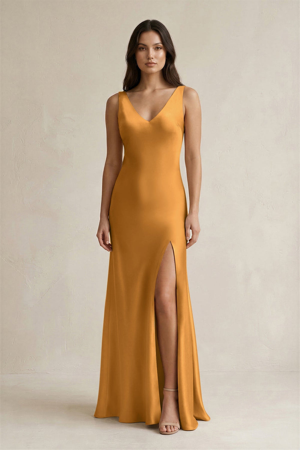 V - neck Sheath Satin Bridesmaid Dress With Back Bow in Marigold - KISS BRIDAL Bridesmaid Dresses