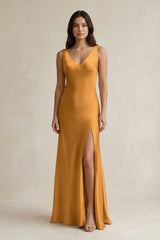 V - neck Sheath Satin Bridesmaid Dress With Back Bow in Marigold - KISS BRIDAL Bridesmaid Dresses