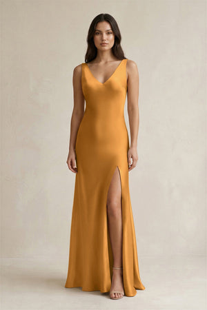 V - neck Sheath Satin Bridesmaid Dress With Back Bow in Marigold - KISS BRIDAL Bridesmaid Dresses
