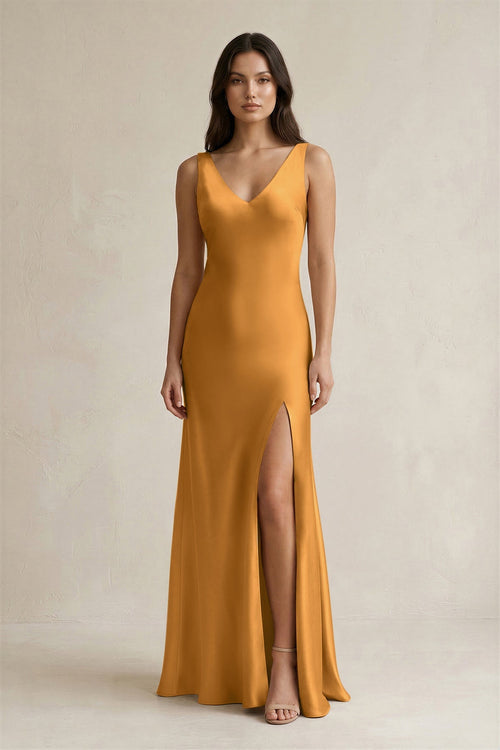 V - neck Sheath Satin Bridesmaid Dress With Back Bow in Marigold - KISS BRIDAL Bridesmaid Dresses