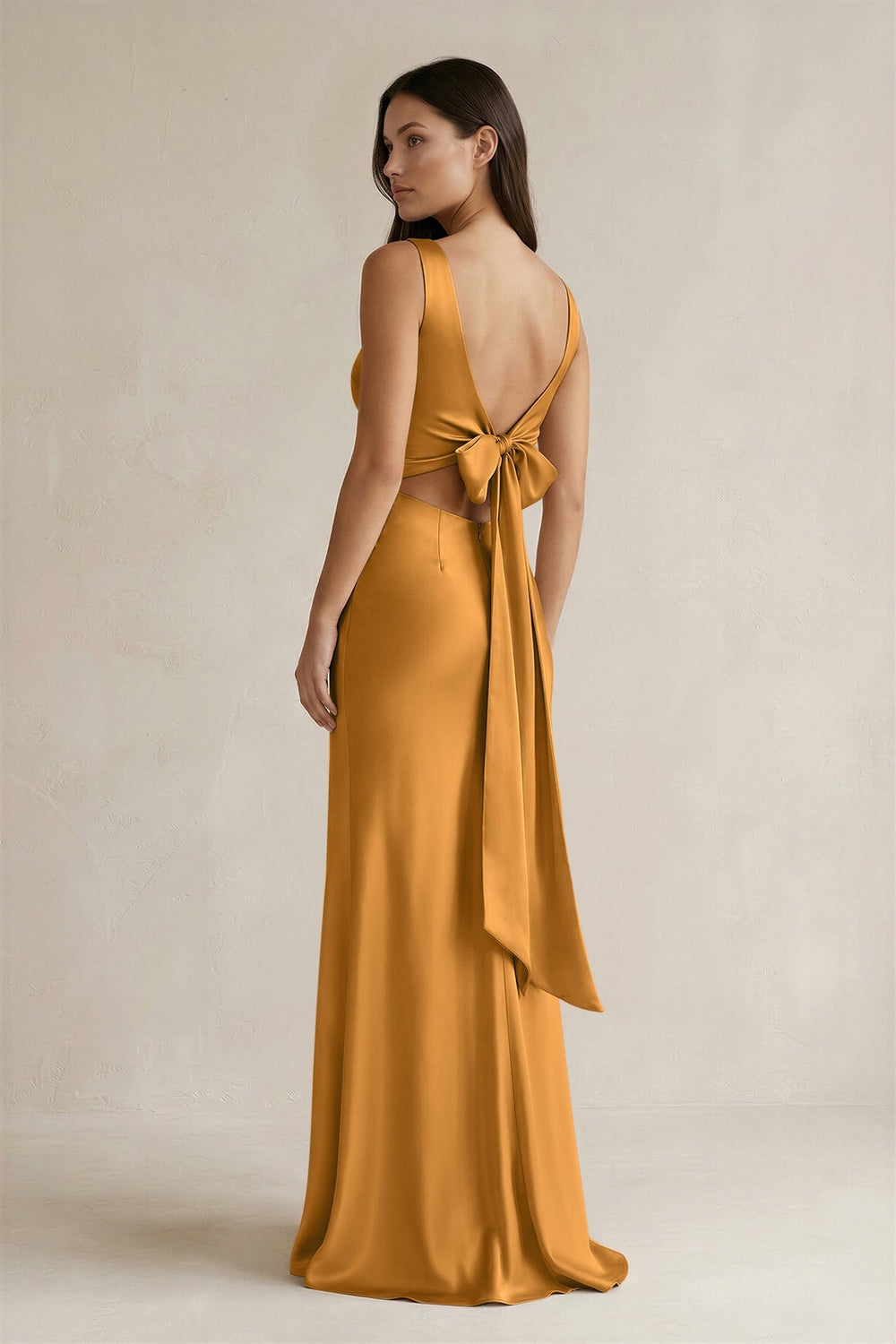 V - neck Sheath Satin Bridesmaid Dress With Back Bow in Marigold - KISS BRIDAL Bridesmaid Dresses