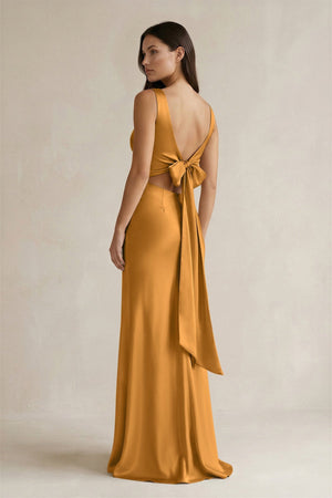 V - neck Sheath Satin Bridesmaid Dress With Back Bow in Marigold - KISS BRIDAL Bridesmaid Dresses