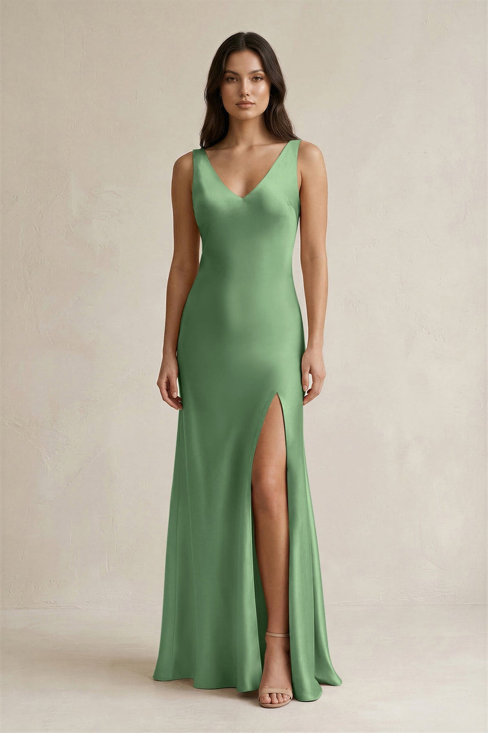 V - neck Sheath Satin Bridesmaid Dress With Back Bow in Matcha - KISS BRIDAL Bridesmaid Dresses