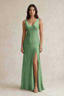 V - neck Sheath Satin Bridesmaid Dress With Back Bow in Matcha - KISS BRIDAL Bridesmaid Dresses