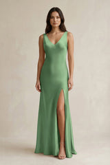 V - neck Sheath Satin Bridesmaid Dress With Back Bow in Matcha - KISS BRIDAL Bridesmaid Dresses