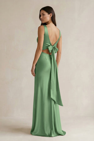 V - neck Sheath Satin Bridesmaid Dress With Back Bow in Matcha - KISS BRIDAL Bridesmaid Dresses