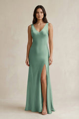V - neck Sheath Satin Bridesmaid Dress With Back Bow in Mint Green - KISS BRIDAL Bridesmaid Dresses