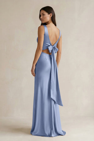 V - neck Sheath Satin Bridesmaid Dress With Back Bow in Mist - KISS BRIDAL Bridesmaid Dresses
