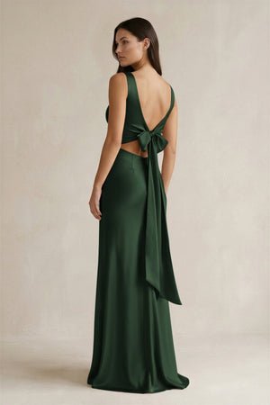 V - neck Sheath Satin Bridesmaid Dress With Back Bow in Moss - KISS BRIDAL Bridesmaid Dresses