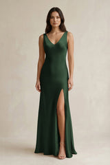 V - neck Sheath Satin Bridesmaid Dress With Back Bow in Moss - KISS BRIDAL Bridesmaid Dresses