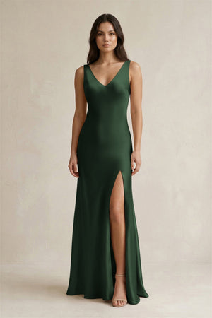 V - neck Sheath Satin Bridesmaid Dress With Back Bow in Moss - KISS BRIDAL Bridesmaid Dresses