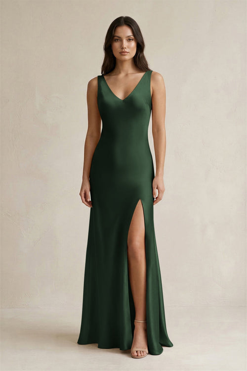 V - neck Sheath Satin Bridesmaid Dress With Back Bow in Moss - KISS BRIDAL Bridesmaid Dresses