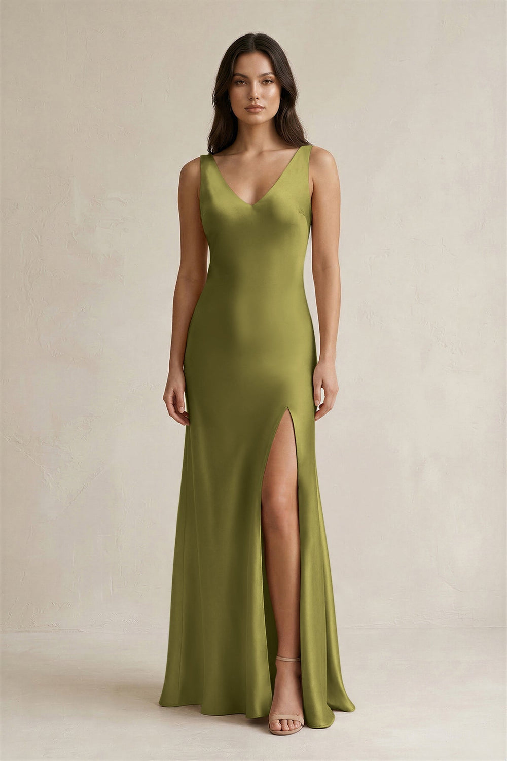 V - neck Sheath Satin Bridesmaid Dress With Back Bow in Moss Green - KISS BRIDAL Bridesmaid Dresses