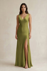 V - neck Sheath Satin Bridesmaid Dress With Back Bow in Moss Green - KISS BRIDAL Bridesmaid Dresses