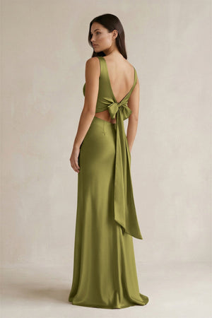 V - neck Sheath Satin Bridesmaid Dress With Back Bow in Moss Green - KISS BRIDAL Bridesmaid Dresses