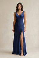 V - neck Sheath Satin Bridesmaid Dress With Back Bow in Navy - KISS BRIDAL Bridesmaid Dresses