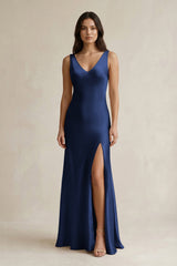 V - neck Sheath Satin Bridesmaid Dress With Back Bow in Navy - KISS BRIDAL Bridesmaid Dresses