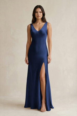 V - neck Sheath Satin Bridesmaid Dress With Back Bow in Navy - KISS BRIDAL Bridesmaid Dresses