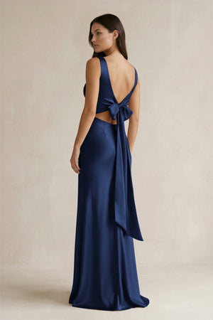 V - neck Sheath Satin Bridesmaid Dress With Back Bow in Navy - KISS BRIDAL Bridesmaid Dresses