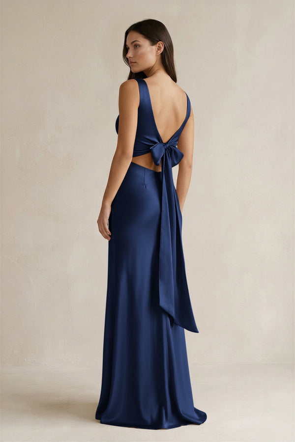 V - neck Sheath Satin Bridesmaid Dress With Back Bow in Navy - KISS BRIDAL Bridesmaid Dresses
