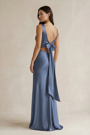 V - neck Sheath Satin Bridesmaid Dress With Back Bow in Neptune - KISS BRIDAL Bridesmaid Dresses