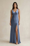 V - neck Sheath Satin Bridesmaid Dress With Back Bow in Neptune - KISS BRIDAL Bridesmaid Dresses