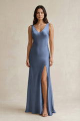 V - neck Sheath Satin Bridesmaid Dress With Back Bow in Neptune - KISS BRIDAL Bridesmaid Dresses